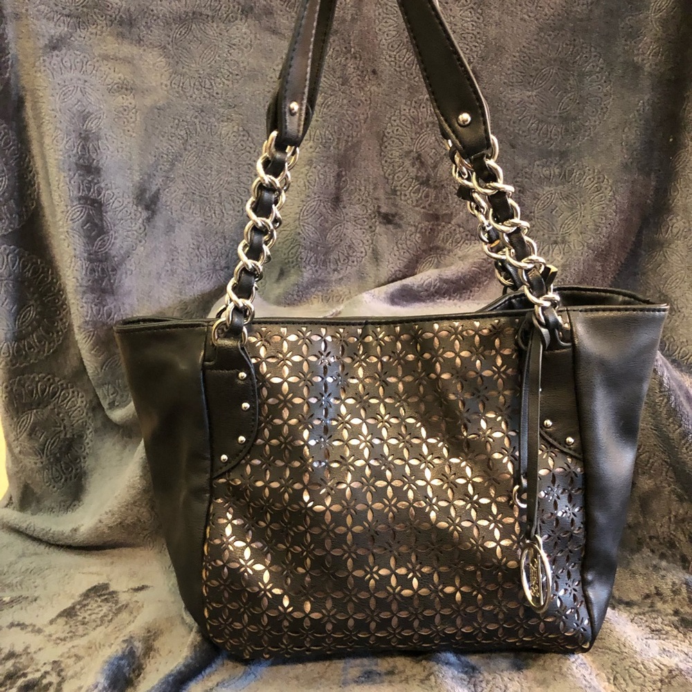 Black punched eyelet bag with chain detail